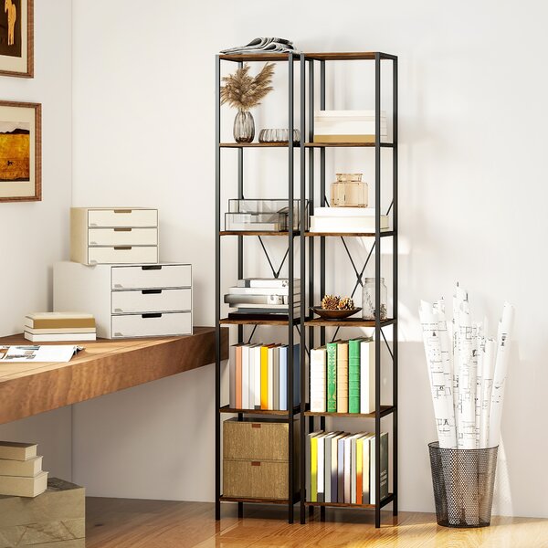 HOMCOM Set da 2 librerie a 6 ripiani, telaio in acciaio, 30cm x 30cm x 174,5cm Marrone rustico | Aosom Italy