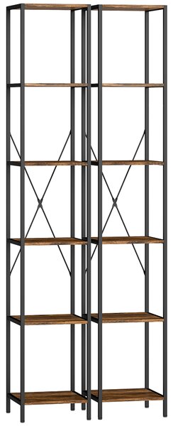 HOMCOM Set da 2 librerie a 6 ripiani, telaio in acciaio, 30cm x 30cm x 174,5cm Marrone rustico | Aosom Italy