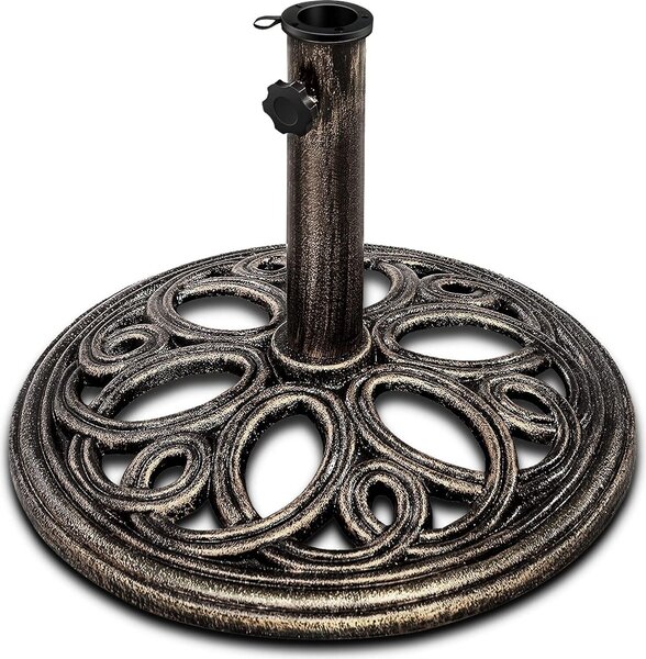 KOMFOTTEU Supporto per ombrellone in metallo, supporto per stelo da 38/48 mm, base per ombrellone in acciaio inossidabile e robusta, supporto per ombrellone da balcone e base per ombrellone per mercati, terrazze, esterni, color bronzo