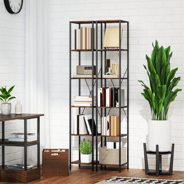 HOMCOM Set da 2 librerie a 6 ripiani, telaio in acciaio, 30cm x 30cm x 174,5cm Marrone rustico | Aosom Italy