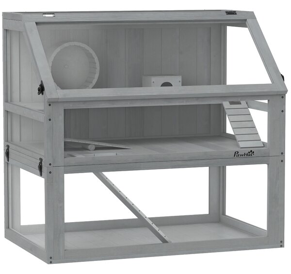 PawHut Gabbia per criceti in legno, 3 piani con fondo profondo, livelli rimovibili, per piccoli animali, 80x50x76cm, Grigio chiaro | Aosom Italy