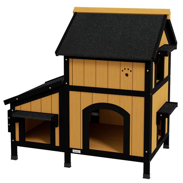 PawHut Casa per Gatti in Legno di Abete, Cuccia per Gatti con Fioriera, 96 cm x 65 cm x 85,5 cm, Giallo | Aosom Italy