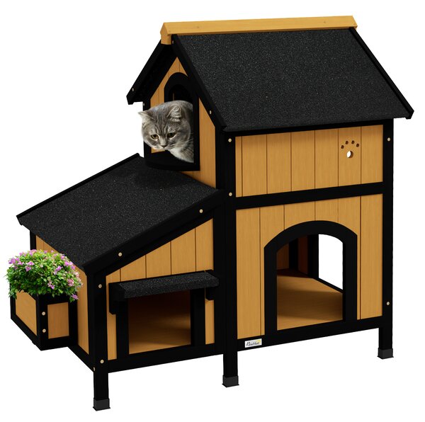 PawHut Casa per Gatti in Legno di Abete, Cuccia per Gatti con Fioriera, 96 cm x 65 cm x 85,5 cm, Giallo | Aosom Italy