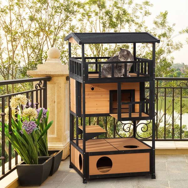 PawHut Casa per Gatti Gattiera Casa per Gatti da Esterno, resistente alle intemperie, 75,5 cm x 75 cm x 137 cm, Giallo | Aosom Italy