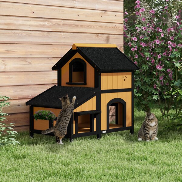 PawHut Casa per Gatti in Legno di Abete, Cuccia per Gatti con Fioriera, 96 cm x 65 cm x 85,5 cm, Giallo | Aosom Italy