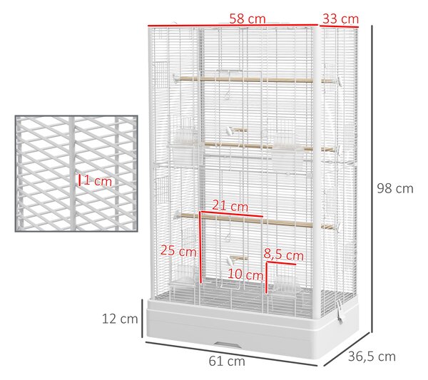 PawHut Gabbia per Uccelli con Vassoio Estraibile e Posatoi, Voliera per Pappagalli, 61x36.5x98 cm, Bianco | Aosom Italy