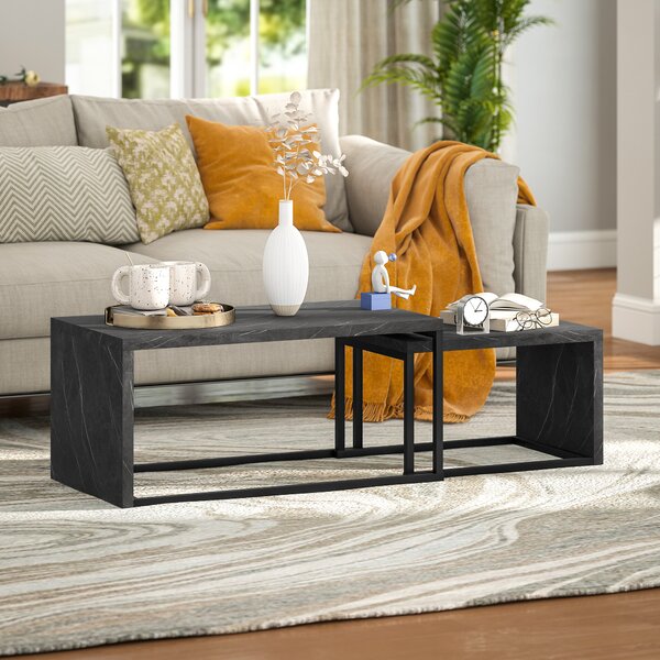HOMCOM Set di 2 tavolini bassi impilabili, design industriale, in metallo, effetto marmo, Nero e grigio scuro | Aosom Italy