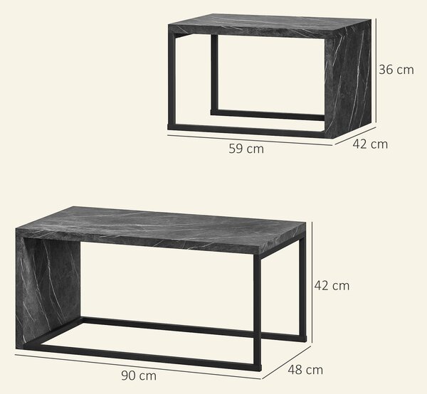 HOMCOM Set di 2 tavolini bassi impilabili, design industriale, in metallo, effetto marmo, Nero e grigio scuro | Aosom Italy