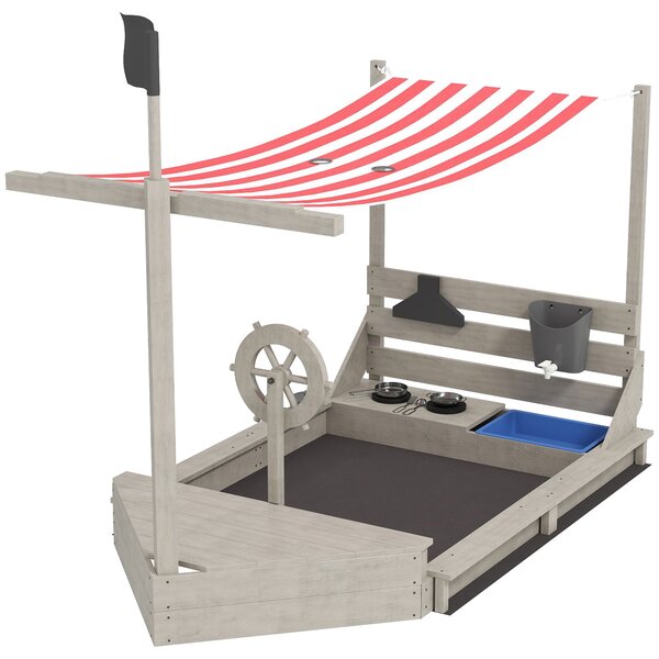 Outsunny Sandbox con tetto solare Piratenschiff, incluso set da cucina per bambini, Legno massello, 180 x 103 x 144,5 cm, Grigio | Aosom Italy