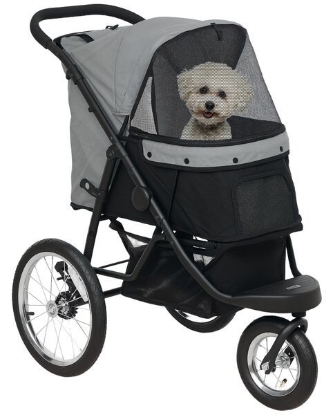 PawHut Cane Carrozzina, Carrozzina per animali domestici per piccoli cani e gatti, con cestino portaoggetti, design pieghevole con un clic, Grigio | Aosom Italy