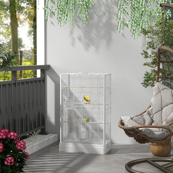 PawHut Gabbia per Uccelli con Vassoio Estraibile e Posatoi, Voliera per Pappagalli, 61x36.5x98 cm, Bianco | Aosom Italy