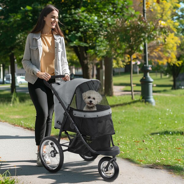PawHut Cane Carrozzina, Carrozzina per animali domestici per piccoli cani e gatti, con cestino portaoggetti, design pieghevole con un clic, Grigio | Aosom Italy