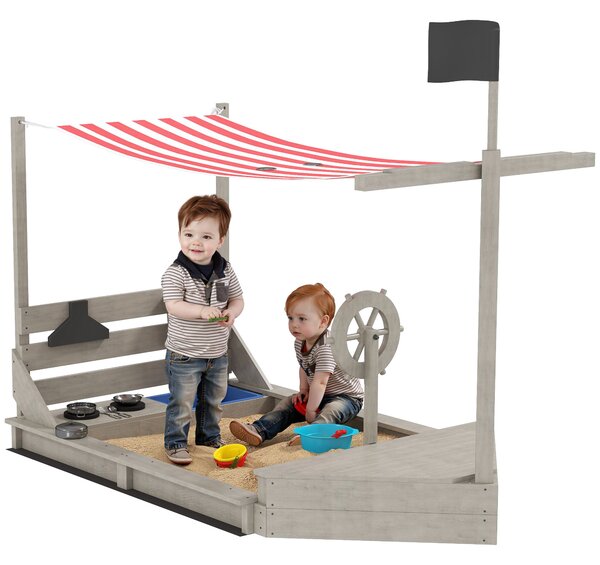 Outsunny Sandbox con tetto solare Piratenschiff, incluso set da cucina per bambini, Legno massello, 180 x 103 x 144,5 cm, Grigio | Aosom Italy