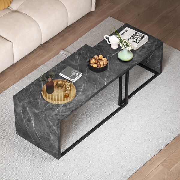 HOMCOM Set di 2 tavolini bassi impilabili, design industriale, in metallo, effetto marmo, Nero e grigio scuro | Aosom Italy