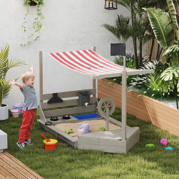 Outsunny Sandbox con tetto solare Piratenschiff, incluso set da cucina per bambini, Legno massello, 180 x 103 x 144,5 cm, Grigio | Aosom Italy