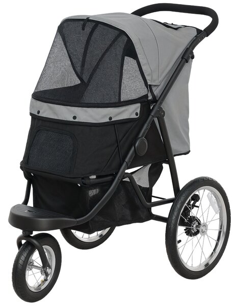 PawHut Cane Carrozzina, Carrozzina per animali domestici per piccoli cani e gatti, con cestino portaoggetti, design pieghevole con un clic, Grigio | Aosom Italy