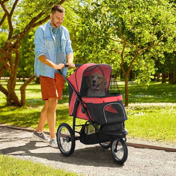 PawHut Passeggino per cani, pieghevole, parasole, finestre in rete, cestino portaoggetti, Rosso, 111 x 58 x 107 cm | Aosom Italy