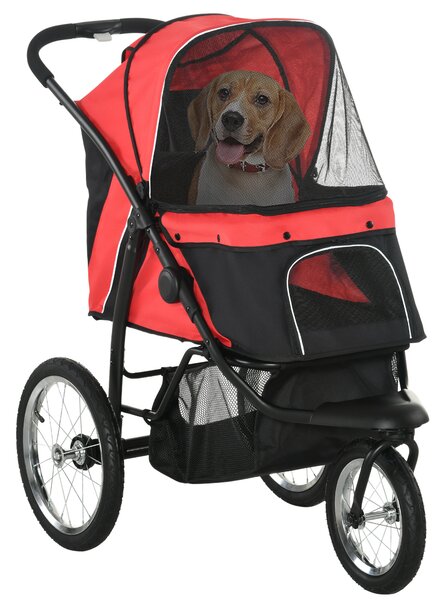 PawHut Passeggino per cani, pieghevole, parasole, finestre in rete, cestino portaoggetti, Rosso, 111 x 58 x 107 cm | Aosom Italy