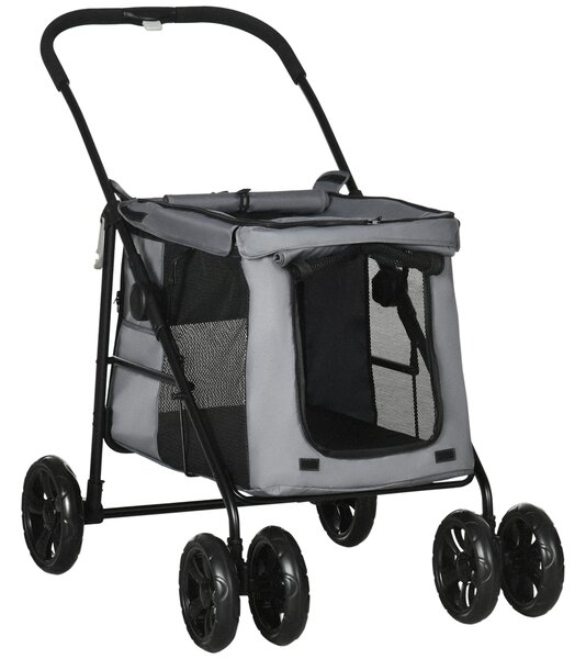 PawHut Carrello per Cani con Cuscino, 3 Tasche Laterali, Pieghevole, Carrello per Cani, 102 cm x 62 cm x 105 cm, Grigio | Aosom Italy