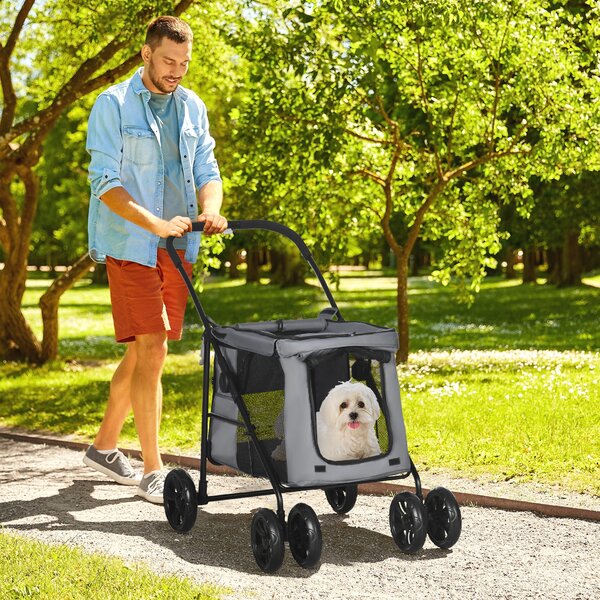 PawHut Carrello per Cani con Cuscino, 3 Tasche Laterali, Pieghevole, Carrello per Cani, 102 cm x 62 cm x 105 cm, Grigio | Aosom Italy