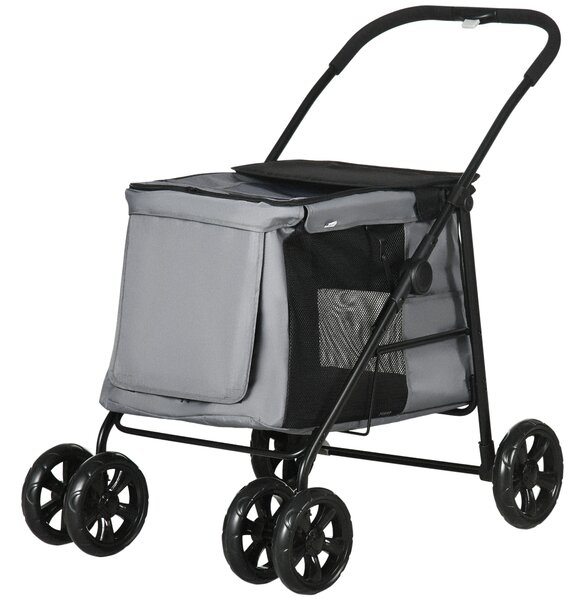 PawHut Carrello per Cani con Cuscino, 3 Tasche Laterali, Pieghevole, Carrello per Cani, 102 cm x 62 cm x 105 cm, Grigio | Aosom Italy