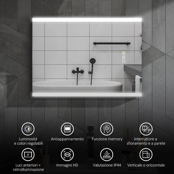 HOMCOM Specchio da Bagno con Luce LED a 3 Colori e Funzione Memory, in Vetro Temperato, 70x50x3 cm, Argento | Aosom Italy