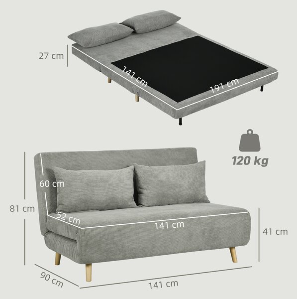 HOMCOM Divano Letto 2 posti con Schienale a 3 angolazioni Regolabile e 2 Cuscini, in Tessuto Effetto Lino, 141x90x81 cm, Grigio | Aosom Italy
