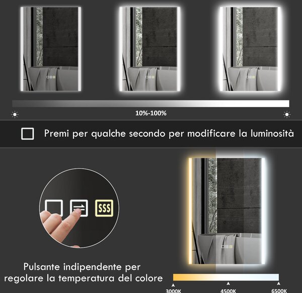 HOMCOM Specchio da Bagno con Luce LED a 3 Colori e Funzione Memory, in Vetro Temperato, 70x50x3 cm, Argento | Aosom Italy