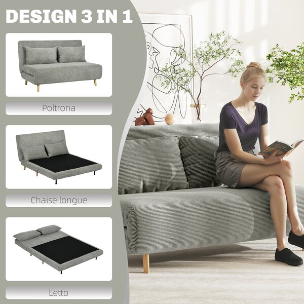 HOMCOM Divano Letto 2 posti con Schienale a 3 angolazioni Regolabile e 2 Cuscini, in Tessuto Effetto Lino, 141x90x81 cm, Grigio | Aosom Italy