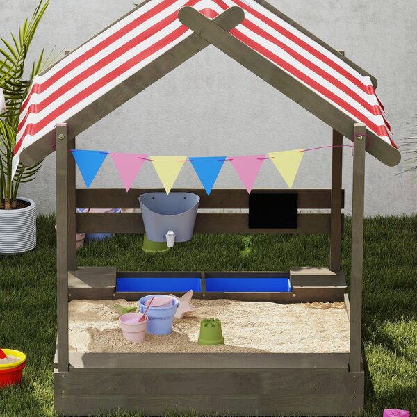 Outsunny Sabbiera con tettuccio, con set di giochi, in legno massello trattato, 124 x 116 x 146 cm, Grigio | Aosom Italy