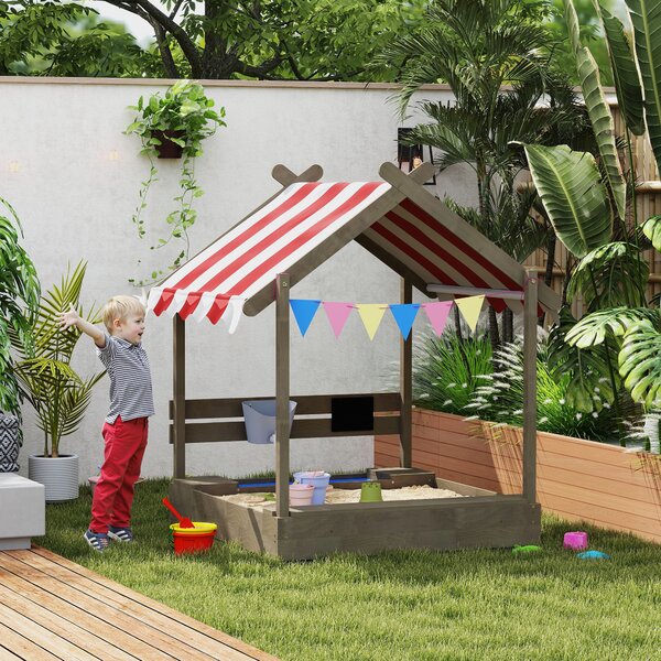 Outsunny Sabbiera con tettuccio, con set di giochi, in legno massello trattato, 124 x 116 x 146 cm, Grigio | Aosom Italy