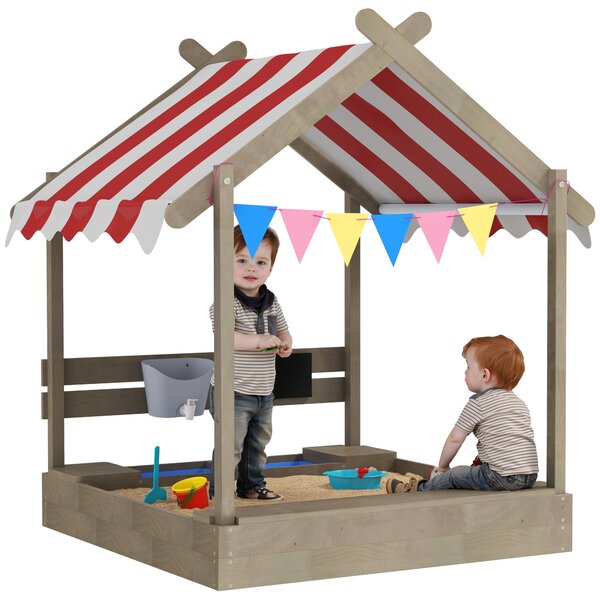 Outsunny Sabbiera con tettuccio, con set di giochi, in legno massello trattato, 124 x 116 x 146 cm, Grigio | Aosom Italy