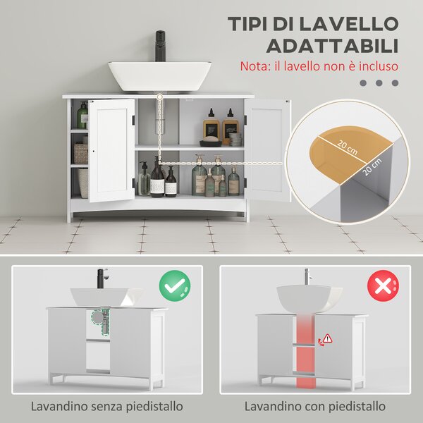 Kleankin Mobile Sotto Lavabo Bagno con Armadietto a 2 Ante e 3 Ripiani Aperti in Legno, 90x30x60cm, Bianco