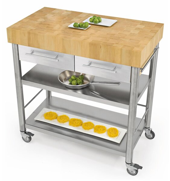 Carrello da cucina in carpino bianco tassellato con cassetto due piani, dimensioni 100x60x h 90 cm peso 89 kg con tagliere piano di lavoro carpino bianco listellare