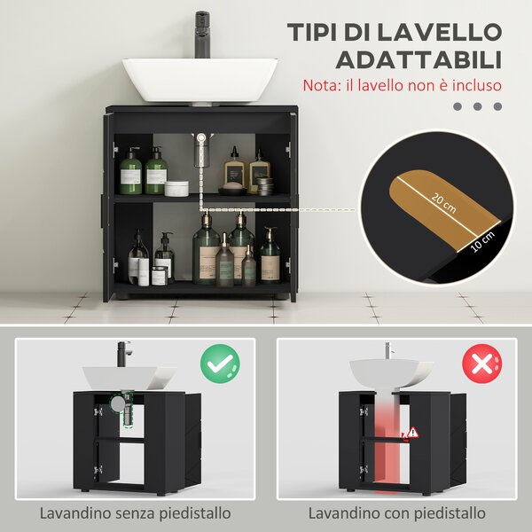 Kleankin Mobile Sottolavabo Bagno in Legno con Armadietto 2 Ante, 60x30x60cm, Nero|Aosom