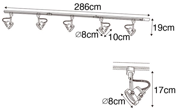 Sistema di illuminazione a binario moderno con 5 faretti nero 1 fase - Iconic Suplux