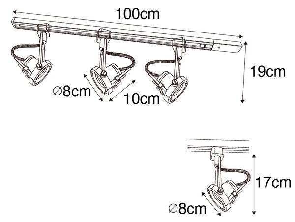 Sistema di illuminazione a binario moderno con 3 faretti neri monofase - Iconic Suplux
