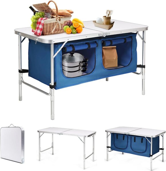 Tavolo da campeggio pieghevole KOMFOTTEU, regolabile in altezza 53,5 cm / 71 cm, tavolo da picnic in alluminio con vani portaoggetti da 120 l, tavoli da esterno 120 x 61 cm, per barbecue, feste