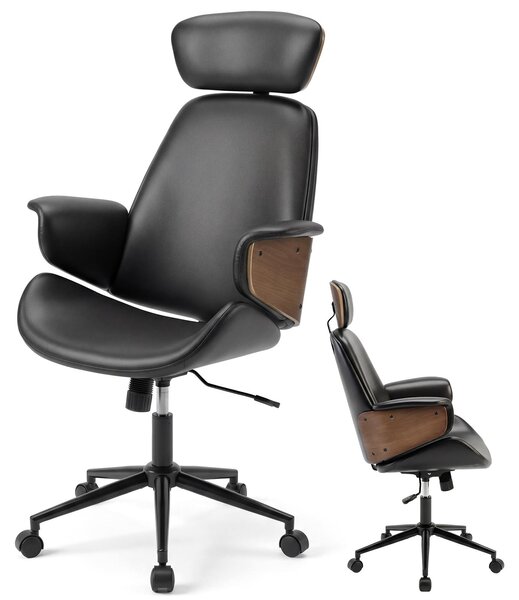 KOMFOTTEU Sedia da ufficio ergonomica, sedia da scrivania regolabile in altezza in ecopelle con poggiatesta, braccioli e schienale curvi, sedia da lavoro girevole con funzione oscillante per ufficio, portata 110 kg
