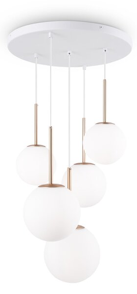 Lampadario Minimal Basic Form In Metallo Bianco E Oro 5 Luci E Diffusori Vetro