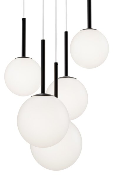 Lampadario Minimal Basic Form In Metallo Nero 5 Luci E Diffusori Bianchi