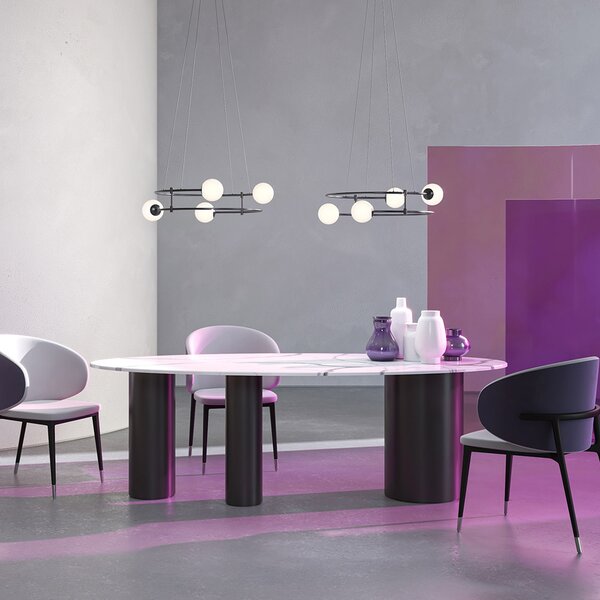 Lampadario Minimal Balance In Metallo Oro 6 Luci E Diffusori Sferici Bianchi