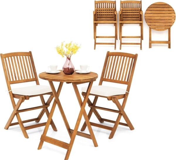 KOMFOTTEU Set da balcone 3 pezzi, set da balcone pieghevole, set da giardino con 1 tavolo e 2 sedie, set da seduta con 2 cuscini, set da bistrot per balcone e giardino (cuscini beige)