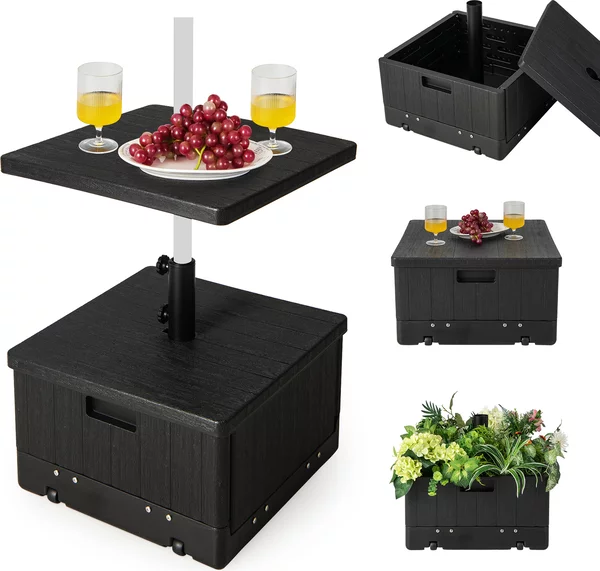 KOMFOTTEU Supporto per ombrellone con rotelle e ripiano, supporto riempibile con 55 l di acqua/80 kg di sabbia, base per ombrelloni con stelo da 38/48 mm, supporto per ombrelloni da mercato con maniglia e tasca per zavorra