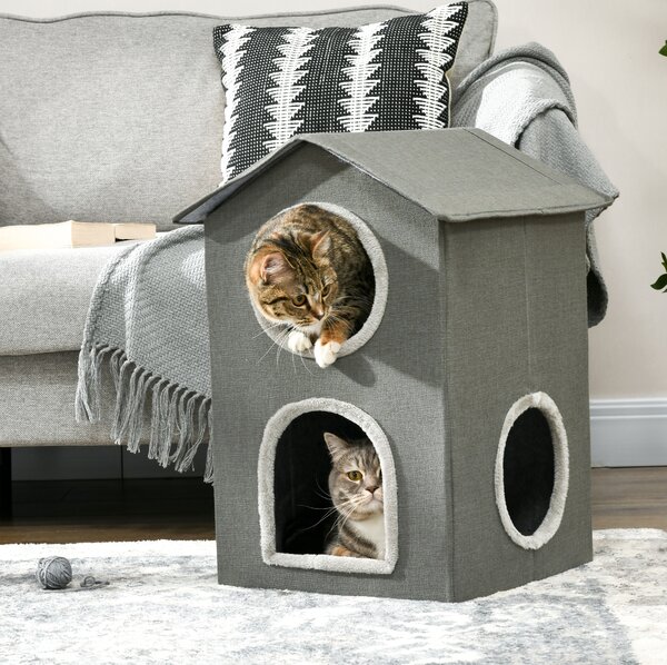 PawHut Casetta per Gatti a Due Livelli con Cuscini Lavabili 3 entrate, 42x46x59.5 cm, Grigio|Aosom