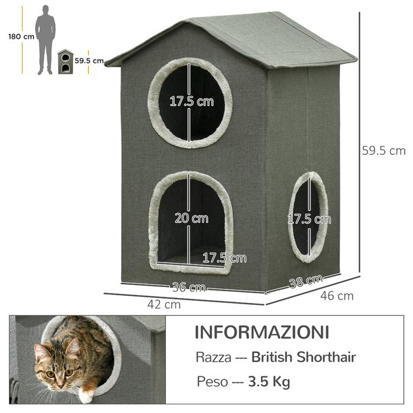 PawHut Casetta per Gatti a Due Livelli con Cuscini Lavabili 3 entrate, 42x46x59.5 cm, Grigio|Aosom