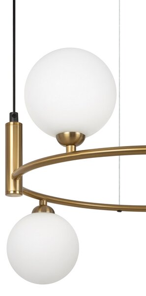 Lampadario Contemporaneo Ring Metallo Ottone 4 Luci E Diffusori Bianchi