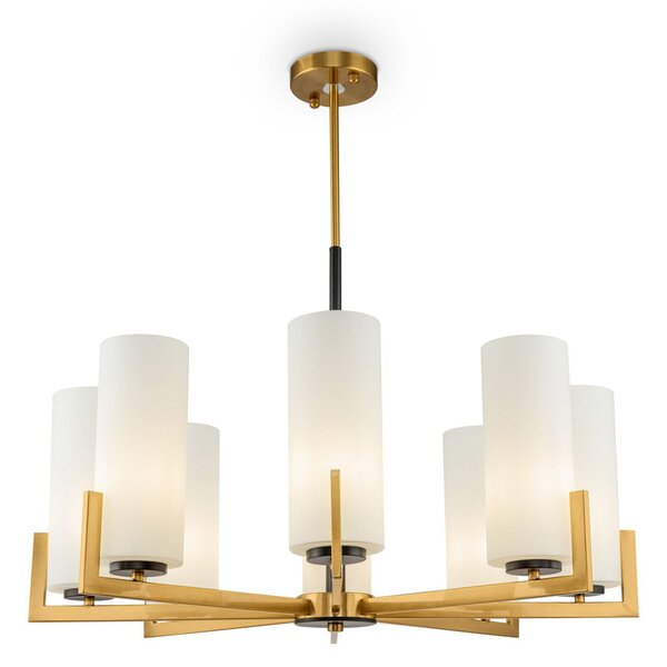 Lampadario Contermporaneo Fortano 8 Luci Metallo Ottone Diffusori Vetro Bianchi
