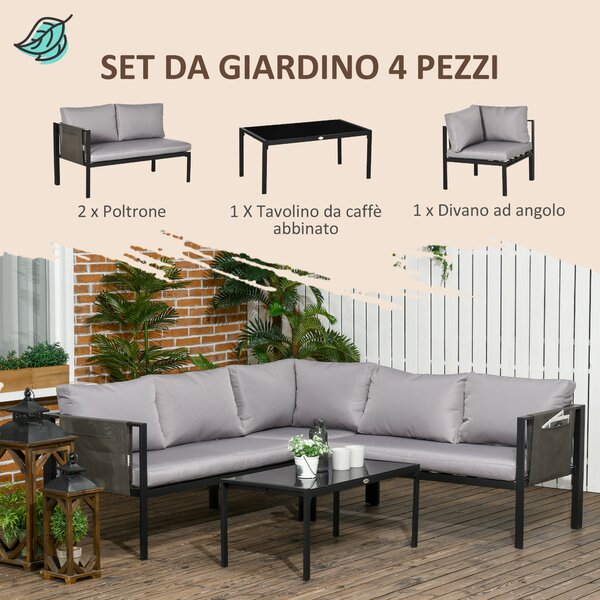 Outsunny Salottini da Esterno 4 Pezzi con 2 Divanetti, Poltrona Angolare e Tavolino da Caffè in Vetro Temperato|Aosom