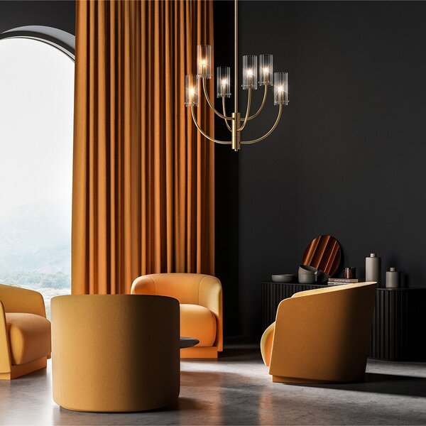 Lampadario Contemporaneo Arco Metallo Ottone 6 Luci Diffusori In Vetro